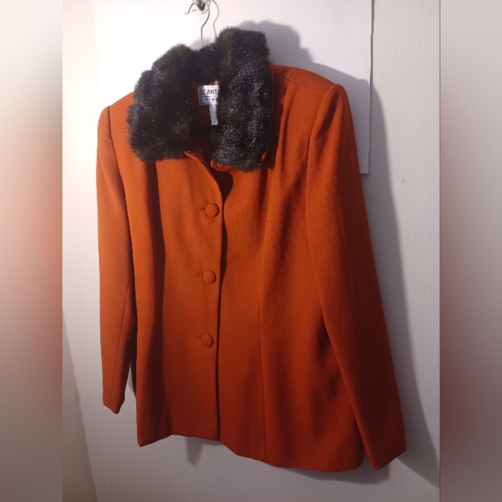 St Anthony 1980s Orange Polyester Suit With Faux Brown Fur New Without Tags
